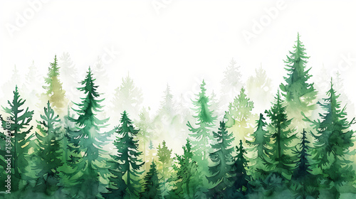 Watercolor stylized illustration of green forest and trees, white background, wallpaper © standret
