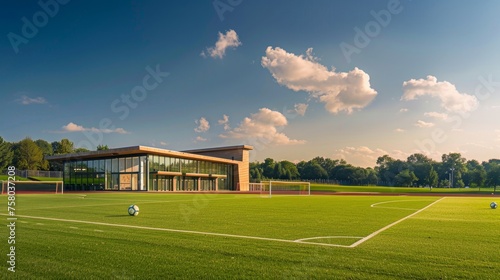 Green Soccer Field with Modern Clubhouse on a Sunny Day