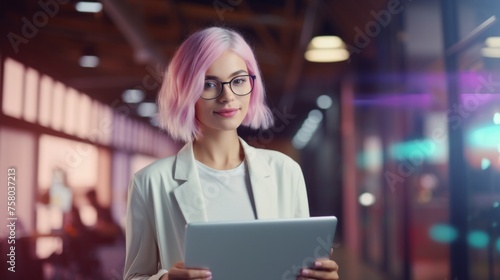 A creative young specialist, Designer, A woman with short pink hair, glasses looking at the camera in a modern office. Application Design, Logo, Book Cover, Social Media Promotion, Data Analysis.