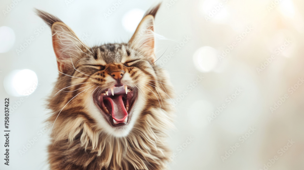 Happy funny excited kitty cat with long ears and wide open mouth against bright background, Easter holiday concept celebration with copy space Happy funny excited kitty cat with long ears and wide open mouth against bright background, Easter holiday concept celebration with copy space