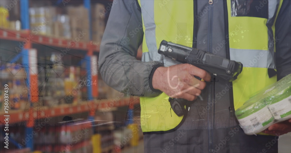 Image of financial data over midsection og caucasian male warehouse worker Image of financial data over midsection og caucasian male warehouse worker