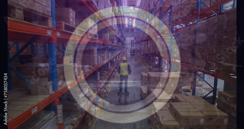 Image of abstract circular shape over male worker riding on segway at warehouse