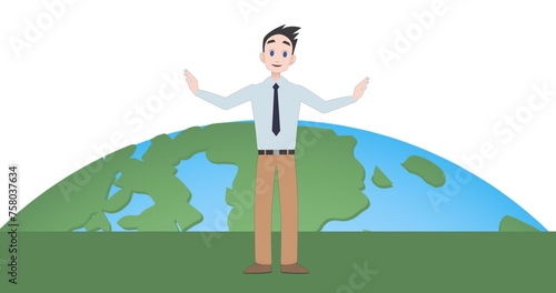 Image of caucasian businessman making presentation with globe on white background