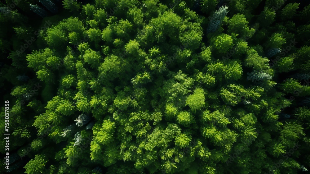 Drone view of lush forest  capturing co2 for carbon neutrality and net zero emissions