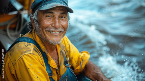 man in a yellow shirt and blue overalls is smiling and posing for a picture. He is sitting in a boat on the water, and the water is splashing around him. very happiness brazilian man with large smile © Nataliia_Trushchenko