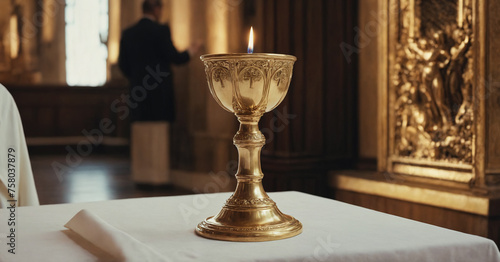 Priest conducting the eucharist ceremony at the altar during mass. photo