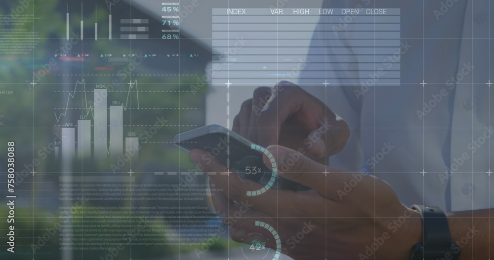 Fototapeta premium Image of financial data and graphs over hands of african american man using smartphone