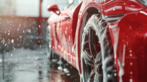 Washing red car with active foam at car wash service. © Nataliya