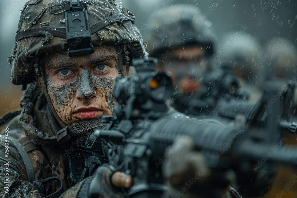 A focused soldier in camouflage with face paint aiming a rifle, showing intensity and readiness A focused soldier in camouflage with face paint aiming a rifle, showing intensity and readiness