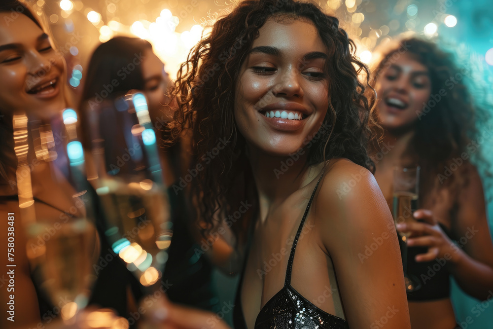 Beautiful young women dancing at a nightclub with friends, in a night club party background. A beautiful woman in a black dress and long curly hair having fun on the dance floor