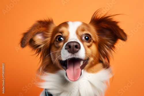 Happy funny excited little dog with long ears and wide open mouth on bright background © Sunny