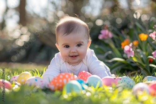 Spring's Gentle Embrace: Capturing the Heartwarming Moments of Baby's First Easter Egg Hunt Adventure