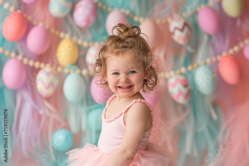 The Essence of Easter Joy: A Smiling Child in a Pink Tutu with Colorful Egg Decorations in the Background
