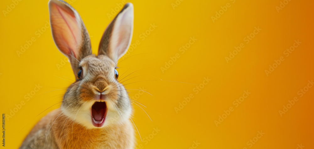 Happy funny excited rabbit with long ears and wide open mouth against bright background, Easter holiday concept celebration with copy space
