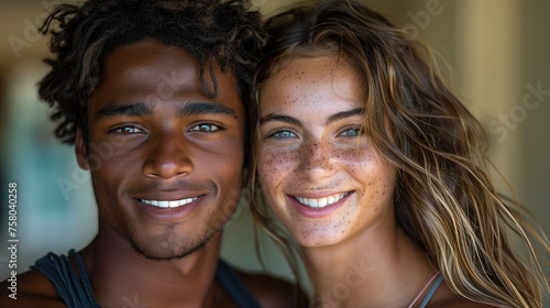 Young Diverse Couple Smiling Warmly by the Seaside During a Summer Day