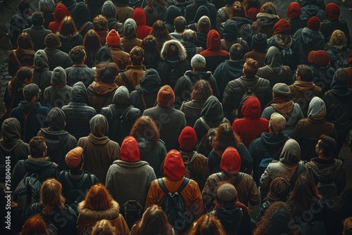 A top-down view of a large crowd showcasing diversity with people in various winter attire