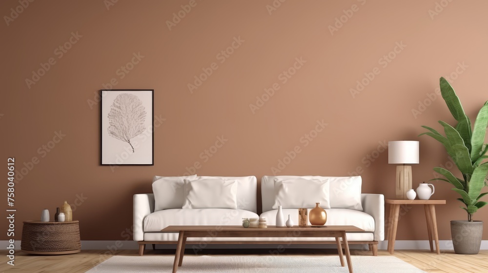 Boho living room with rustic coffee table and white sofa against wall with poster frames Boho living room with rustic coffee table and white sofa against wall with poster frames