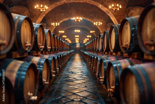 A symmetrical view of wine barrels stored in a cellar with a brick ceiling and warm lighting giving a vintage feel