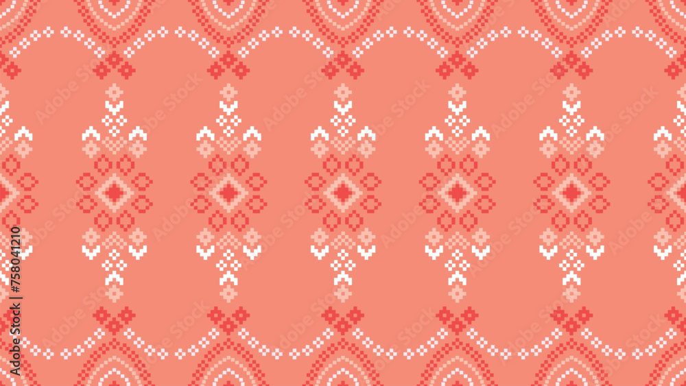 Ethnic geometric fabric pattern Cross Stitch.Ikat embroidery Ethnic oriental Pixel pattern rose pink gold background. Abstract,vector,illustration. Texture,clothing,scarf,decoration,silk wallpaper. Ethnic geometric fabric pattern Cross Stitch.Ikat embroidery Ethnic oriental Pixel pattern rose pink gold background. Abstract,vector,illustration. Texture,clothing,scarf,decoration,silk wallpaper.