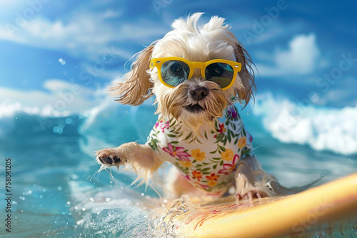 Enjoy beachside entertainment with an energetic dog surfing on a sunny day by the sea © Wachira