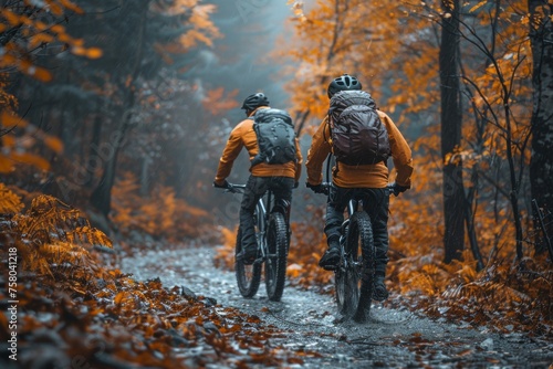 Two cyclists in yellow jackets enjoy a scenic ride through a forest with vibrant autumn colors and falling leaves