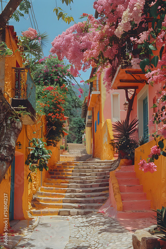 A charming narrow alleyway with stairs leading up to a building adorned with pink flowers, creating a picturesque scene in the neighborhood