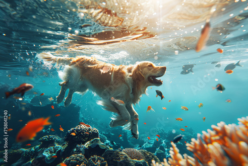 Experience the joy of underwater exploration as a curious dog dives into the sea among colorful fish and vibrant corals © Wachira