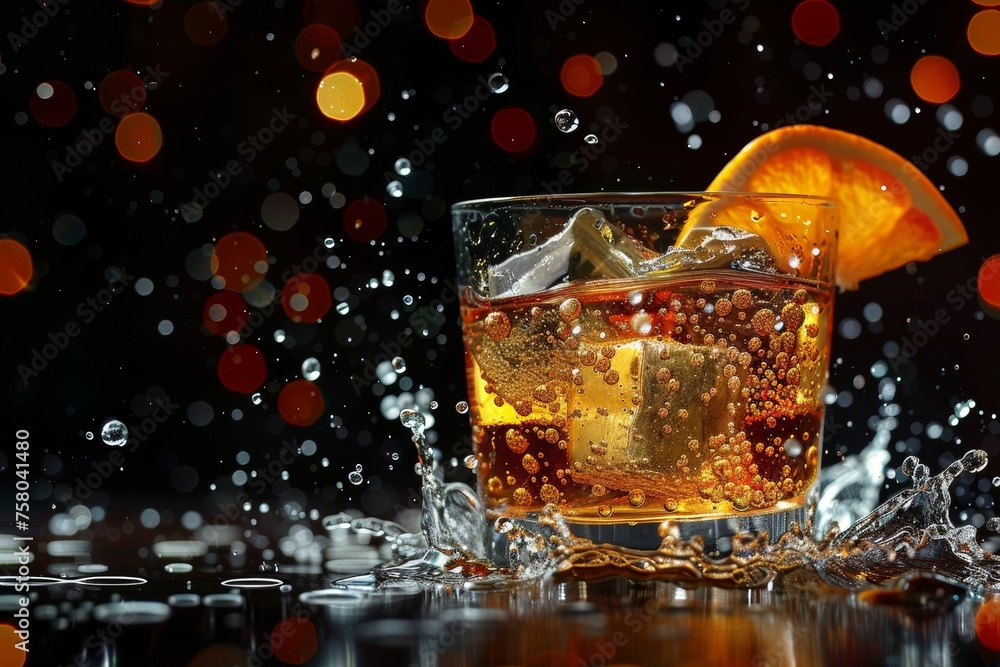 Whiskey sour cocktail with dynamic droplets on black background Whiskey sour cocktail with dynamic droplets on black background