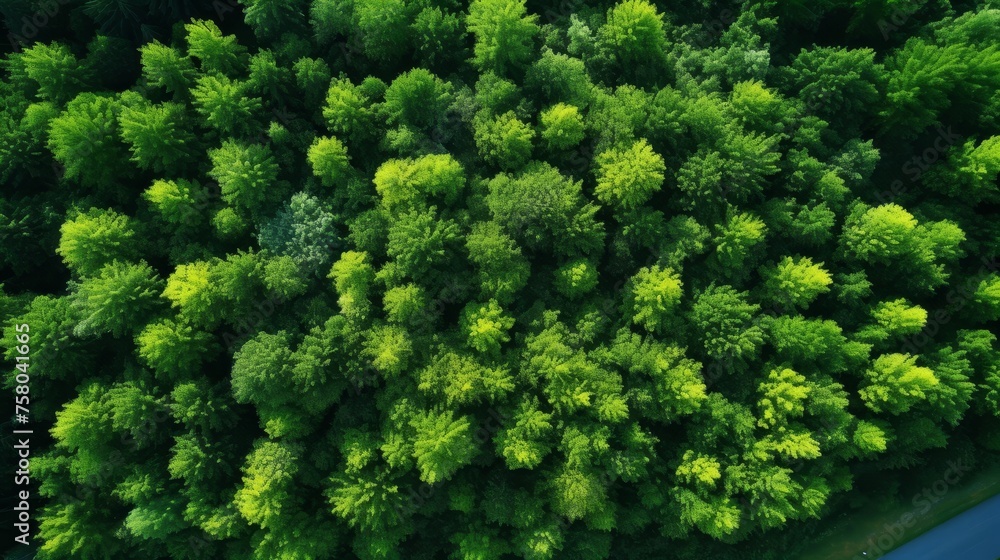 Aerial view of dense forest capturing co2  green trees for carbon neutrality and net zero emissions