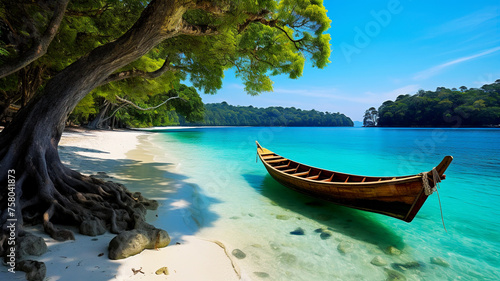 Fishing boat on a tropical island off the coast. © Svetlana Rey