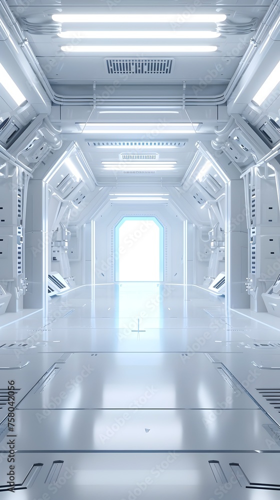 Futuristic White Space Station Interior: Clean Symmetrical Corridor bathed in Bright Blue Light Futuristic White Space Station Interior: Clean Symmetrical Corridor bathed in Bright Blue Light