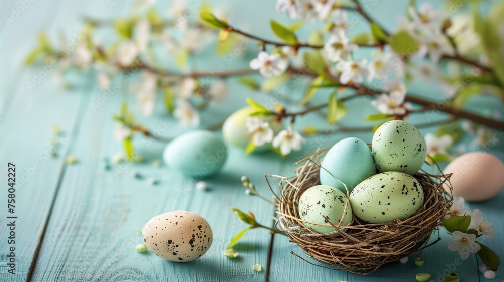 Colorful Easter Eggs Nestled in a Twig Nest With Blossoming Branches on a Pastel Blue Background Colorful Easter Eggs Nestled in a Twig Nest With Blossoming Branches on a Pastel Blue Background