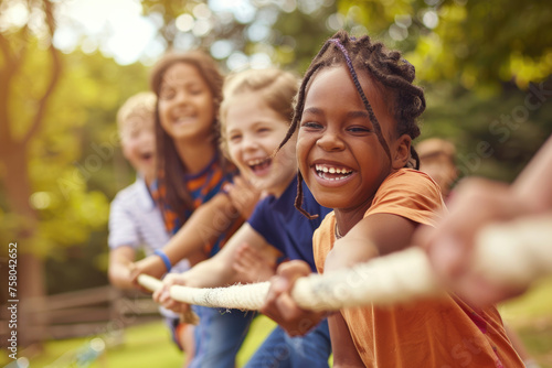 kids playing tug of war in the park. A multiracial group of people are having fun outdoors, happily laughing and cheerful while hanging out together on summer vacation at the playground