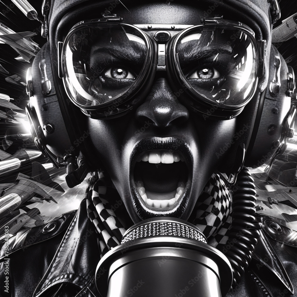 Wide-angle close-up of a woman in a pilot helmet with a strong attitude Wide-angle close-up of a woman in a pilot helmet with a strong attitude