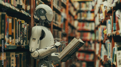 an AI robot reading books in the library, surrounded by bookshelves filled with various academic materials. The background shows other robots working on different tasks photo