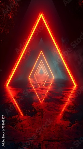 Glowing Red Neon Triangle: Mesmerizing Digital Art with Volumetric Lighting and Foggy Background