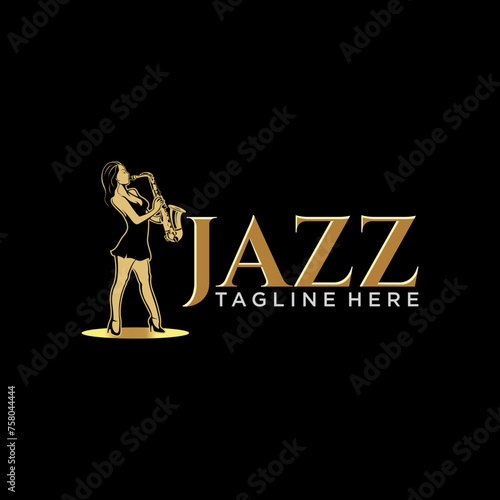 Female saxophone player playing Jazz on negative space Saxophone Logo design vector template. Jazz band music festival logotype concept.