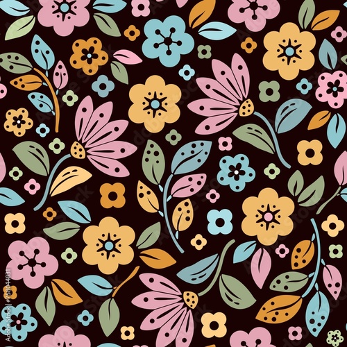 Delicate pastel floral seamless pattern on a black background. Elegant botanical motif for apparel, fabrics, textiles, wrapping, packaging