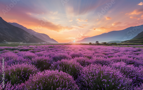 Lavender sunset scenery in Huocheng  Xinjiang  China created with Generative AI tecnology.
