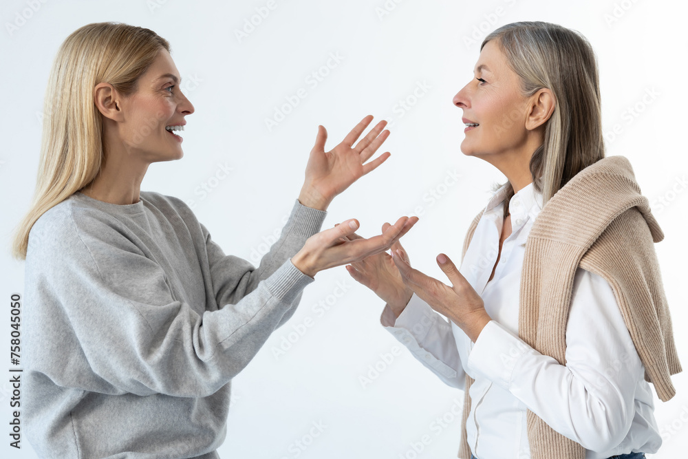 Mom and daughter gesticulating and discussing something very emotionally Mom and daughter gesticulating and discussing something very emotionally