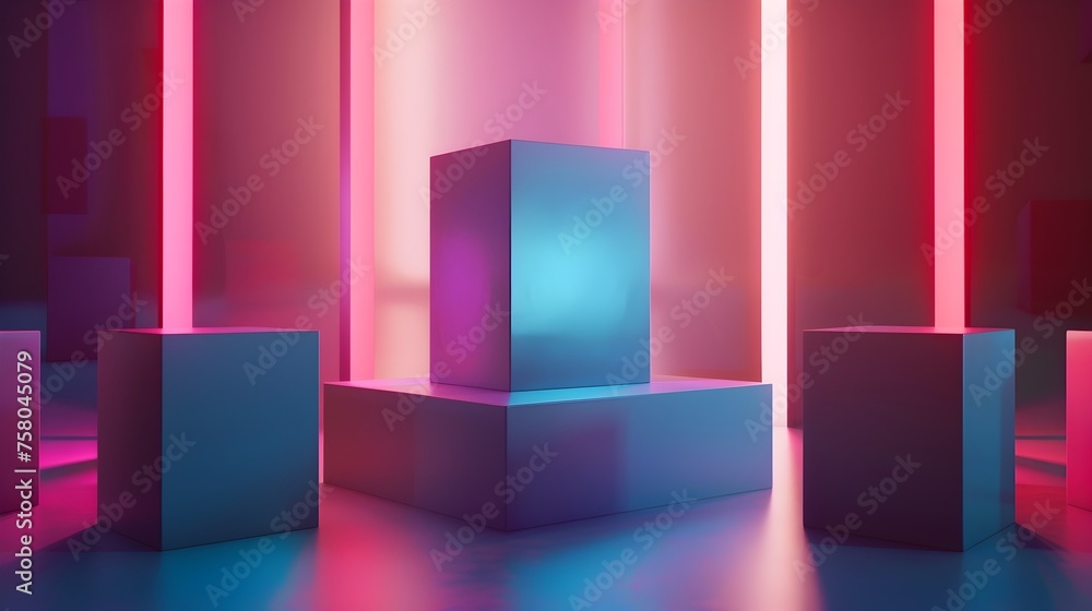 Holographic Cubes Illuminated by Neon Light Podiums in a Futuristic Geometric Space Holographic Cubes Illuminated by Neon Light Podiums in a Futuristic Geometric Space