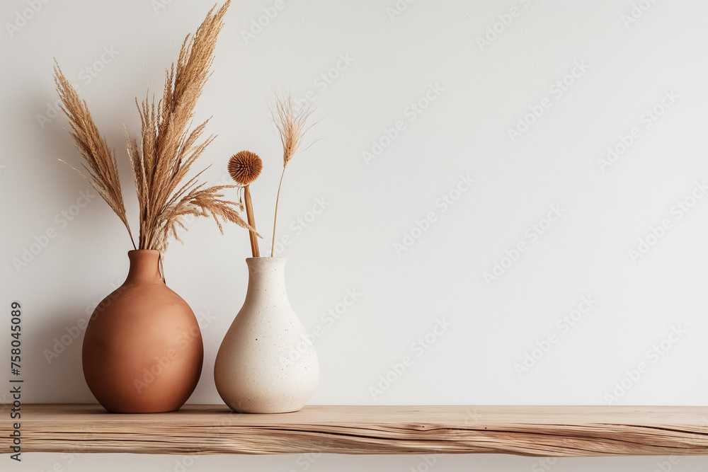 Clay vases on a shelf against a white wall. 3d rendering
