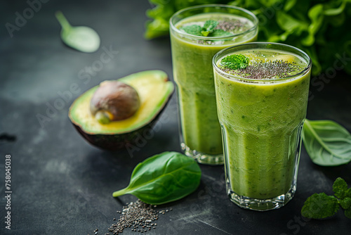 Healthy green smoothie with avocado, spinach and chia seeds