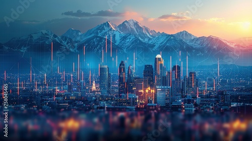 Skyline of Salt Lake City downtown in Utah with Wasatch Range Mountains in the background. Economical stock market graph photo