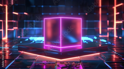 Neon Cube Floating in Abstract Geometric Space: A Futuristic Technology Concept with Advanced AI System and Holographic Components