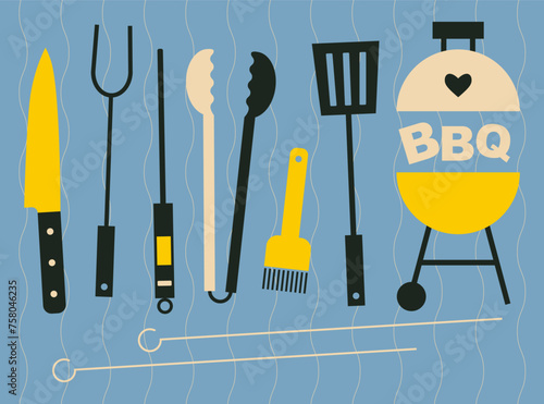 Grill barbecue tools. BBQ tool set grill accessories. Grilling utensils, knife, thermometer, tongs, brush, spatula, fork for barbecue food cooking. Flat, geometric style. Barbecue party. BBQ time