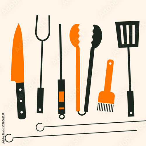 Grill barbecue tools collection. BBQ tool set grill accessories. Grilling utensils, knife, thermometer, tongs, brush, spatula, fork for barbecue food cooking. Flat, geometric style. BBQ time elements