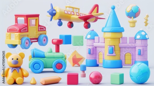 Trains, planes, castles, balls, cubes, bears. 3D modern icon set for kids