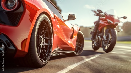A red sport car and motorcycle standing Side by Side © ME_Photography