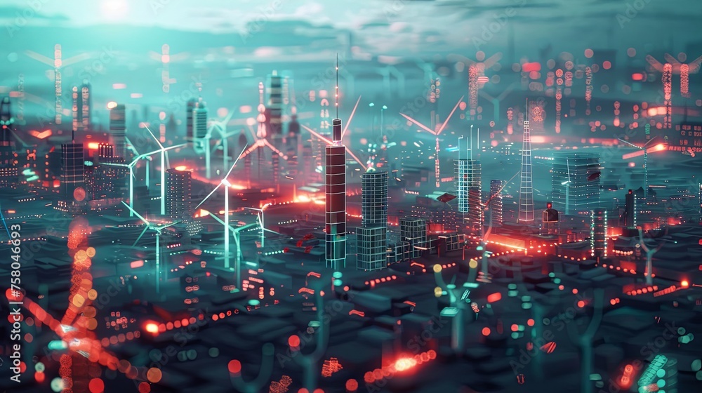 Futuristic Cityscape with Glowing Network Connections
 A cybernetic cityscape with glowing red and blue network connections, depicting a bustling smart city with advanced connectivity and data exchang